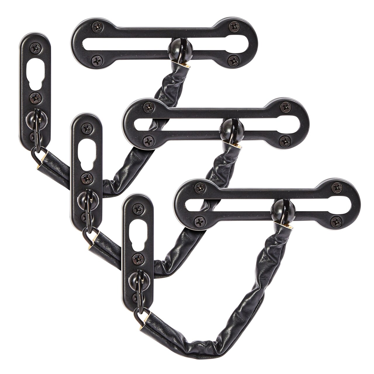 3-Pack Stainless Steel Chain Door Lock with Faux Leather Chain Sleeve, 7.2-Inch Slide-Type Safety Chain Locks for Inside Door, Single-Hung and Double-Hung Windows (Black)